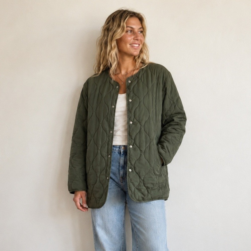 Outerknown Northward Quilted Jacket Womens Small Olive Green Snap Button Cotton